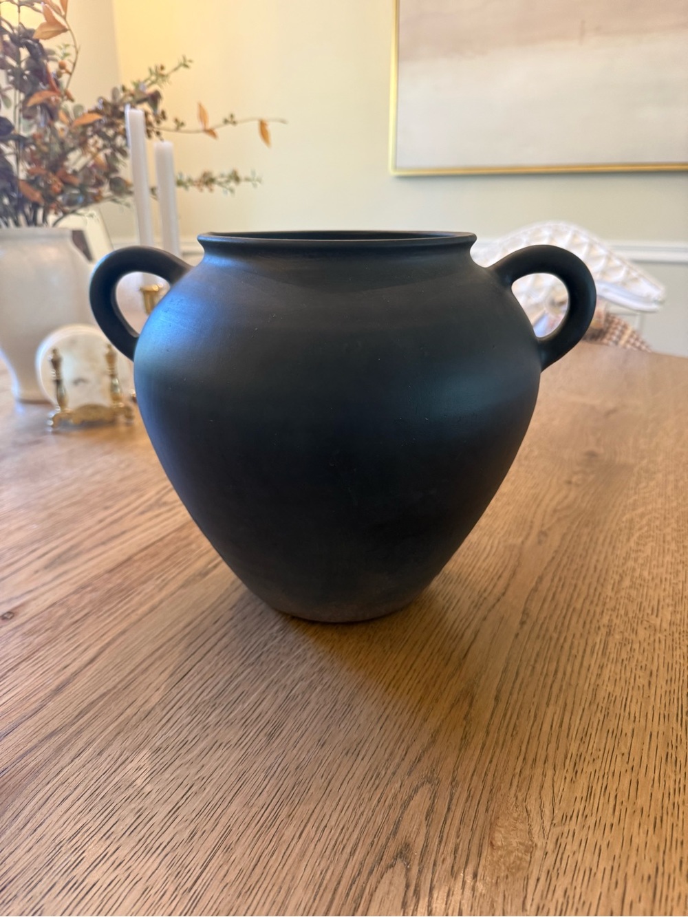 Vintage Inspired Matte Black Double-Handled Decorative Vase